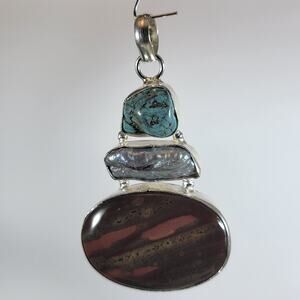 Handmade Sterling Pendant with Jasper, Pearl & Turquoise – Boho Artisan Jewelry